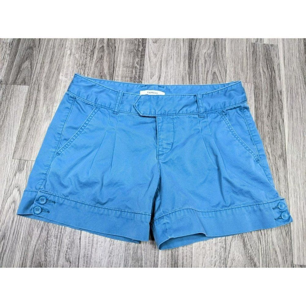 (3/$27) Express Womens Size 4‎ Pockets Buttoned Cuffs Pleated Cotton Blue Shorts